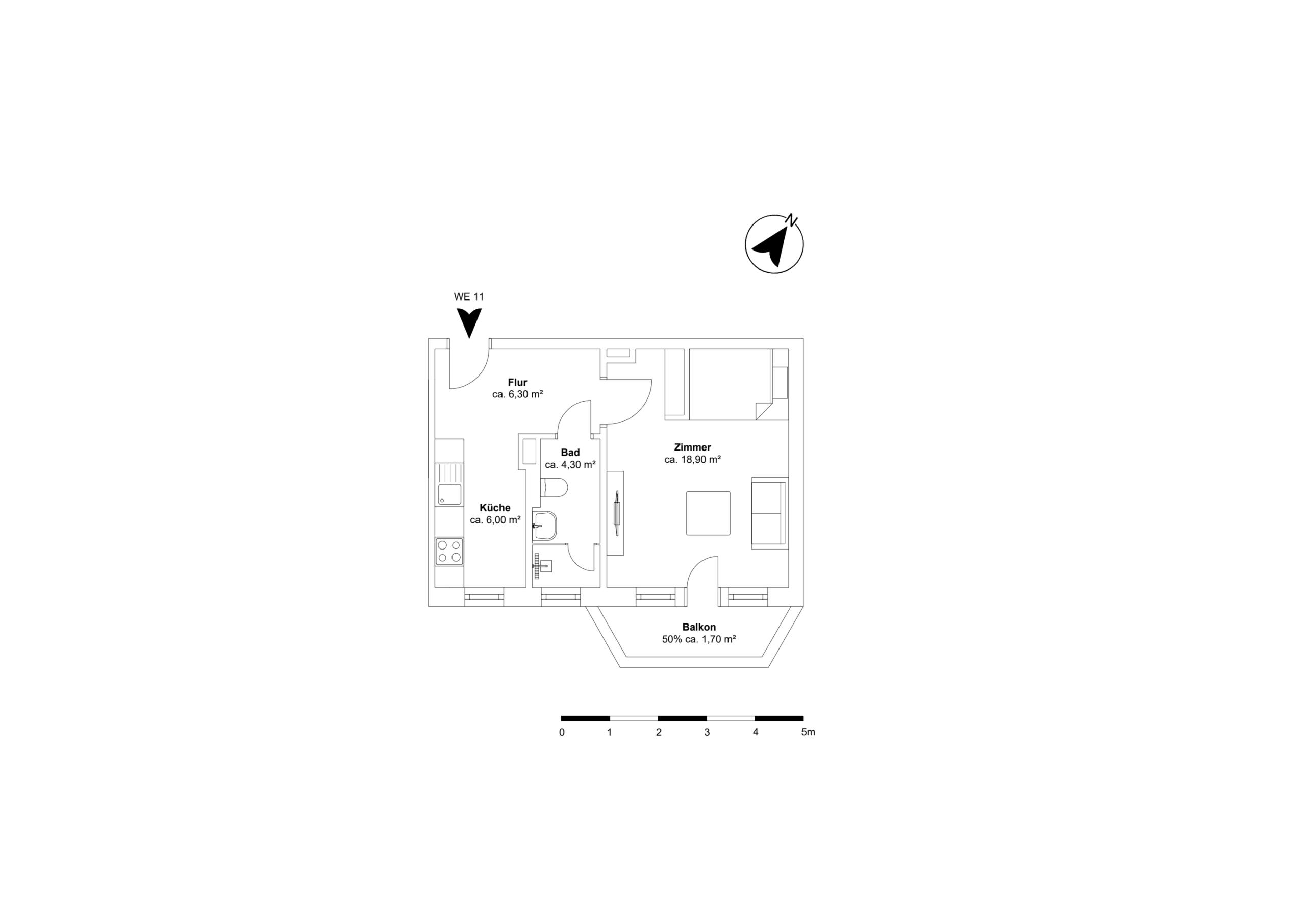 WE11-Grundriss - **Reserviert**-Einzimmer Altbauwohnung mit Einbauküche und Balkon in Bestlage Hannover List