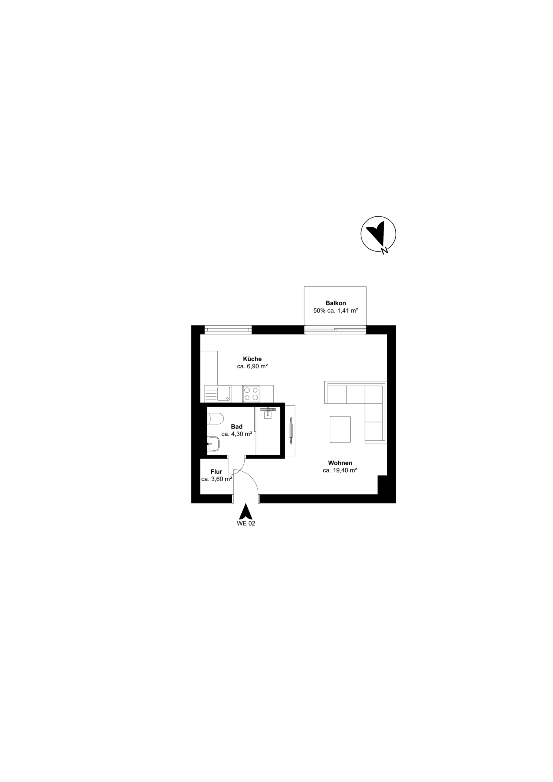 Grundriss - Traumhaftes Hochparterre 1-Zimmerapartment mit großem Balkon und Einbauküche in Bestlage Hannover