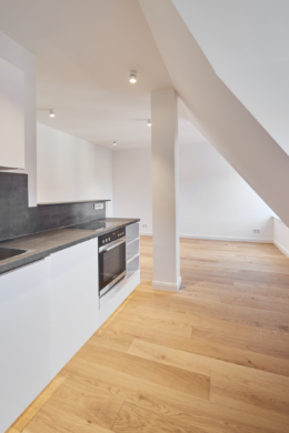 Einbauküche Blick zum Wohnzimmer - **Verkauft**-Helle 2-Zimmerwohnung mit Echtholzboden und hochwertiger Einbauküche zum Erstbezug