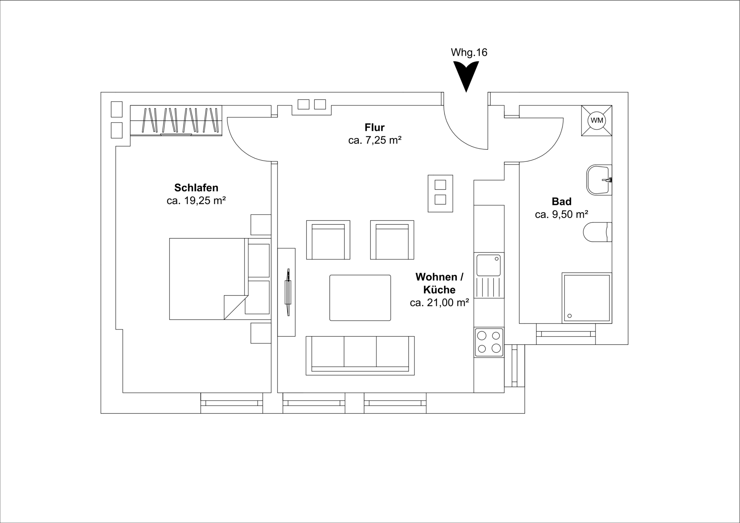 WE16-Grundriss - Möblierte 2-Zimmer Wohnung inkl. Internet mit großem Tageslichtbad und Einbauküche in der List