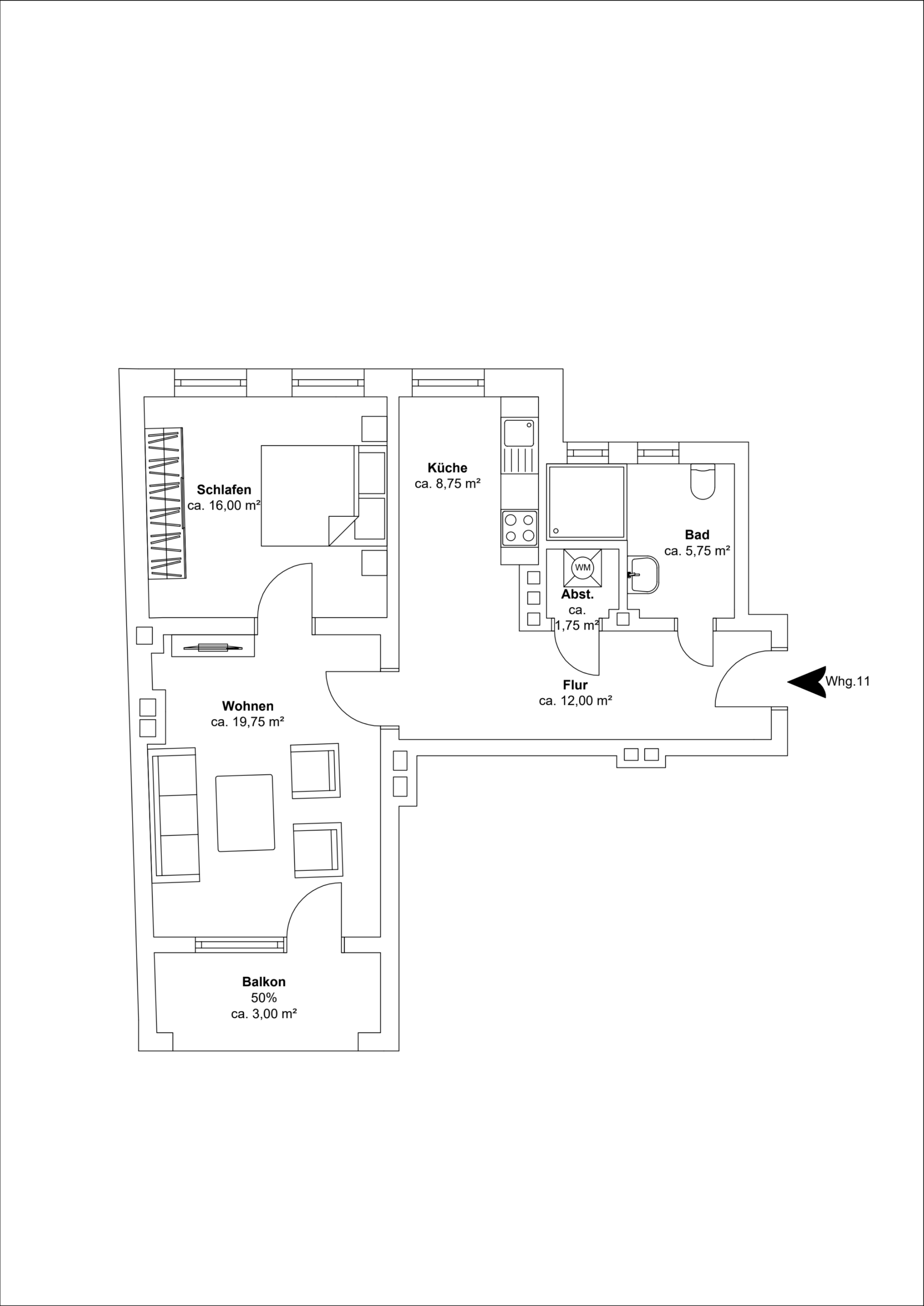 Grundriss - 4.Obergeschoss – Zwei Zimmer mit Balkon, Einbauküche und Hauswirtschaftsraum