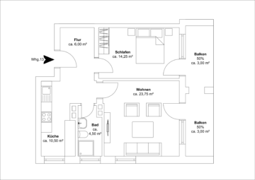 Grundriss - Erstbezug nach Sanierung – Zweizimmer mit großem Balkon und Einbauküche