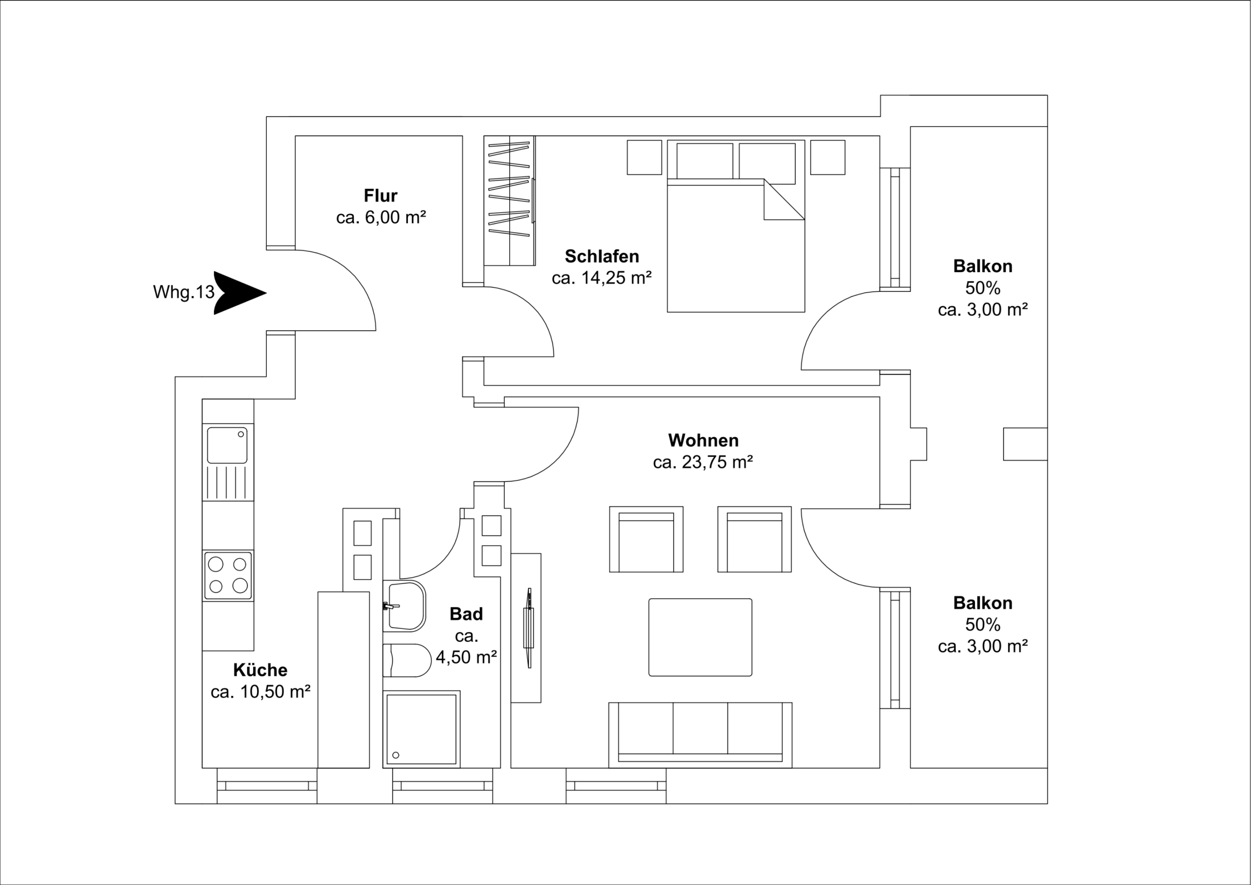Grundriss - Erstbezug nach Sanierung – Zweizimmer mit großem Balkon und Einbauküche