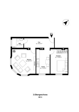 Grundriss - Vollsanierte 2-Zimmerwohnung mit hochwertiger Einbauküche inkl. Elektrogeräte