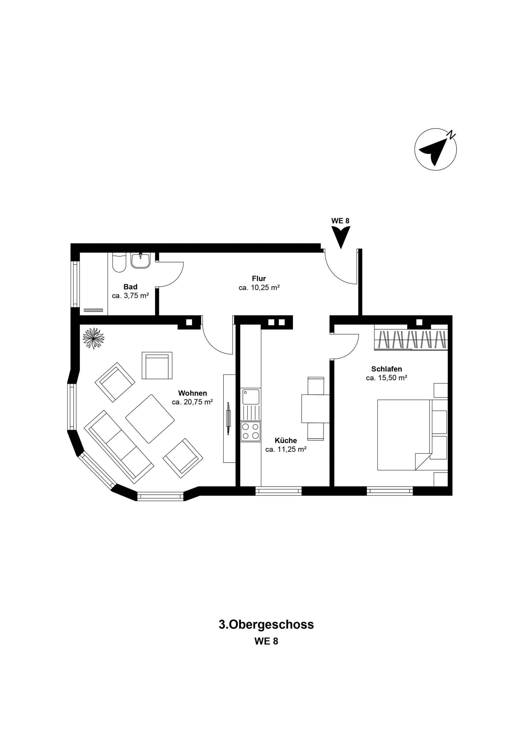 Grundriss - Vollsanierte 2-Zimmerwohnung mit hochwertiger Einbauküche inkl. Elektrogeräte