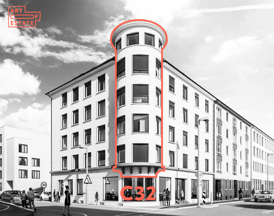 Hausansicht Rendering - Vollsanierte 2-Zimmerwohnung mit hochwertiger Einbauküche inkl. Elektrogeräte