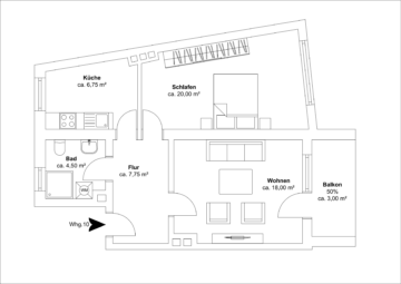 Grundriss - Aufwendig sanierte 2-Zimmerwohnung mit großem Balkon und Einbauküche